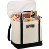 A cotton cooler bag in cream and black, filled with drinks and snacks, featuring two sturdy handles.