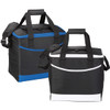 A black cooler bag featuring blue and white accents, with dual handles and an adjustable shoulder strap.