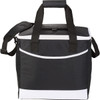 A black and white cooler bag with a zippered top, carrying handles, and an adjustable shoulder strap.