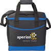 A cooler bag in black with blue accents, featuring a logo and carrying handles. Holds up to 36 cans.