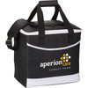A black cooler bag with white accents, featuring handles and a shoulder strap, includes a logo on the front.