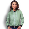 A light green zipped hoodie for women featuring a logo, with black accents on the sleeves and cuffs.