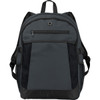 A grey expandable 15" computer backpack with mesh side pockets and a logo on the front.