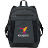 A grey expandable backpack with a vibrant bird design, featuring mesh side pockets and a logo.