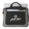 A black and grey laptop briefcase with a front pocket, featuring a logo and handles for easy carrying.