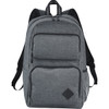 A grey computer backpack with multiple pockets, adjustable straps, and a mesh side pocket. Features a logo.