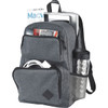 A grey computer backpack featuring multiple zippered pockets, a drink bottle holder, and compartments for devices and accessories.