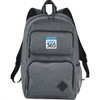 A grey computer backpack with multiple compartments and a side mesh pocket, featuring a logo on the front.
