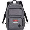 A grey computer backpack features multiple compartments and a mesh side pocket, along with a logo.