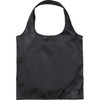 A black foldaway tote bag with a simple design and a drawstring closure, featuring a branding logo.