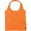 An orange foldaway tote bag with a single handle and a drawstring closure feature. It has a logo.