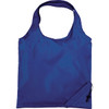 A blue foldaway shopper tote bag with a drawstring closure and a compact foldable design. It features a logo.
