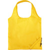 A yellow foldaway shopper tote bag with a drawstring pouch for compact storage. It features a simple design and has a logo.