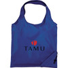 A blue foldaway shopper tote bag with a logo, featuring long handles for easy carrying.
