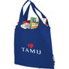 A blue foldaway shopper tote filled with various food items and featuring a logo.