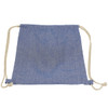 A blue custom dyed drawstring bag with cream-coloured drawstrings and a logo.