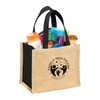 A jute tote bag in natural and black with various beauty products and a logo on the front.