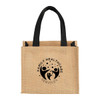 A beige jute tote bag with black handles, featuring a logo on the front.