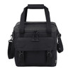 A black cooler bag with carrying handles, shoulder strap, and a front flap featuring buckles. It has a logo on it.