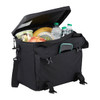 A black cooler bag with a zippered top, filled with bottles, fruit, and containers, featuring an exterior pocket.