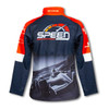 A navy and red women's premium softshell jacket with a logo and racing-themed graphic on the back.