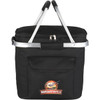 A black cooler bag with a zippered top, metal handles, and a front pocket. It features a logo on the front.