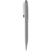 A metal ballpoint pen in silver with a sleek design and a clip. It features branding on the surface.