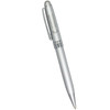 A silver metal ballpoint pen with a shiny finish and a clip. It features a logo on the barrel.