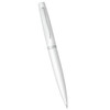 A twist action pen in white, featuring a sleek metal design and a clip for easy attachment.