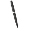 A sleek black metal twist action pen with a silver accent and clip, featuring a branding logo.