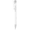 A white metal ballpoint pen with a click action mechanism and silver accents, featuring a logo.