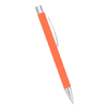 An orange metal ballpoint pen with a silver clip and tip, featuring a sleek design and a branding logo.
