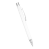 A white ballpoint pen with a silver clip and a metallic tip. The pen features a smooth finish and a logo.