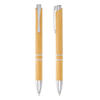 A bamboo ballpoint pen with silver accents, featuring a sleek design and a clip for easy attachment.