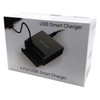 A USB Smart Charger in a white box, featuring a black device with multiple USB ports. Includes a cable.