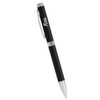 A black metal ballpoint pen with silver accents and a logo on the barrel.