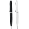 A set of two twist action pens, one in black and the other in white, featuring silver accents and a logo.