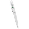 A white metal twist action pen with a silver accent and a branding logo.