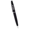 A black metal twist action pen with a silver clip and branding on the barrel.