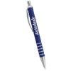 A ballpoint pen in blue with silver accents and a branding logo. It features a clip for easy attachment.