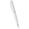 A silver ballpoint pen with a sleek design and chrome accents. Features a branding logo.