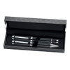 A sleek black pen box containing a matching rollerball and ballpoint pen, with a textured exterior and a soft interior.