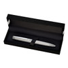 A silver pen in a black box with a sleek design, featuring a fabric holder and a logo on the box.