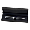 A pen with a sleek silver finish inside a black pen box, featuring an interior lining and a branding logo.
