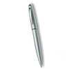 A sleek silver ballpoint pen with a polished finish and a clip for easy attachment. It features a branding logo.