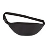 A black bum bag featuring a curved design and an adjustable strap, with a zippered compartment and a logo.