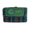 A folded picnic rug featuring a green and tartan check pattern, with a logo on the front.