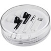 A circular container holding white wired earbuds with multiple tips, a connector, and a small accessory.
