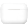 A white earbuds charging case with a sleek design and a small metallic accent. It features a branding logo.