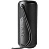 A black rugged fabric waterproof Bluetooth speaker with controls and a strap for easy carrying.